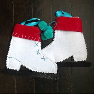Handmade Pair of Felted Ice Skates Pom Pom Laces Sparkle Blades Winter Decor